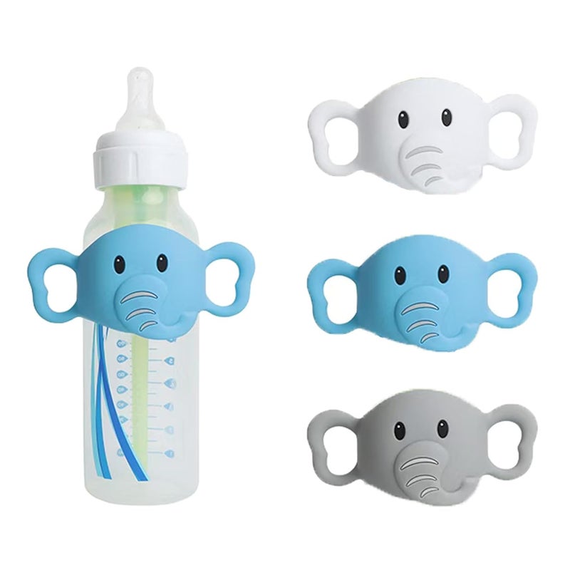Amitofo 3 Pack Silicone Baby Bottle Handles for Dr. Brown’s Narrow & Wide Baby Bottles Hoder, Elephant Design, Easy Grip Self-Feeding Universal Bottle Handle, BPA-Free, 100% Silicone, White, Gray, Blue - Image 1